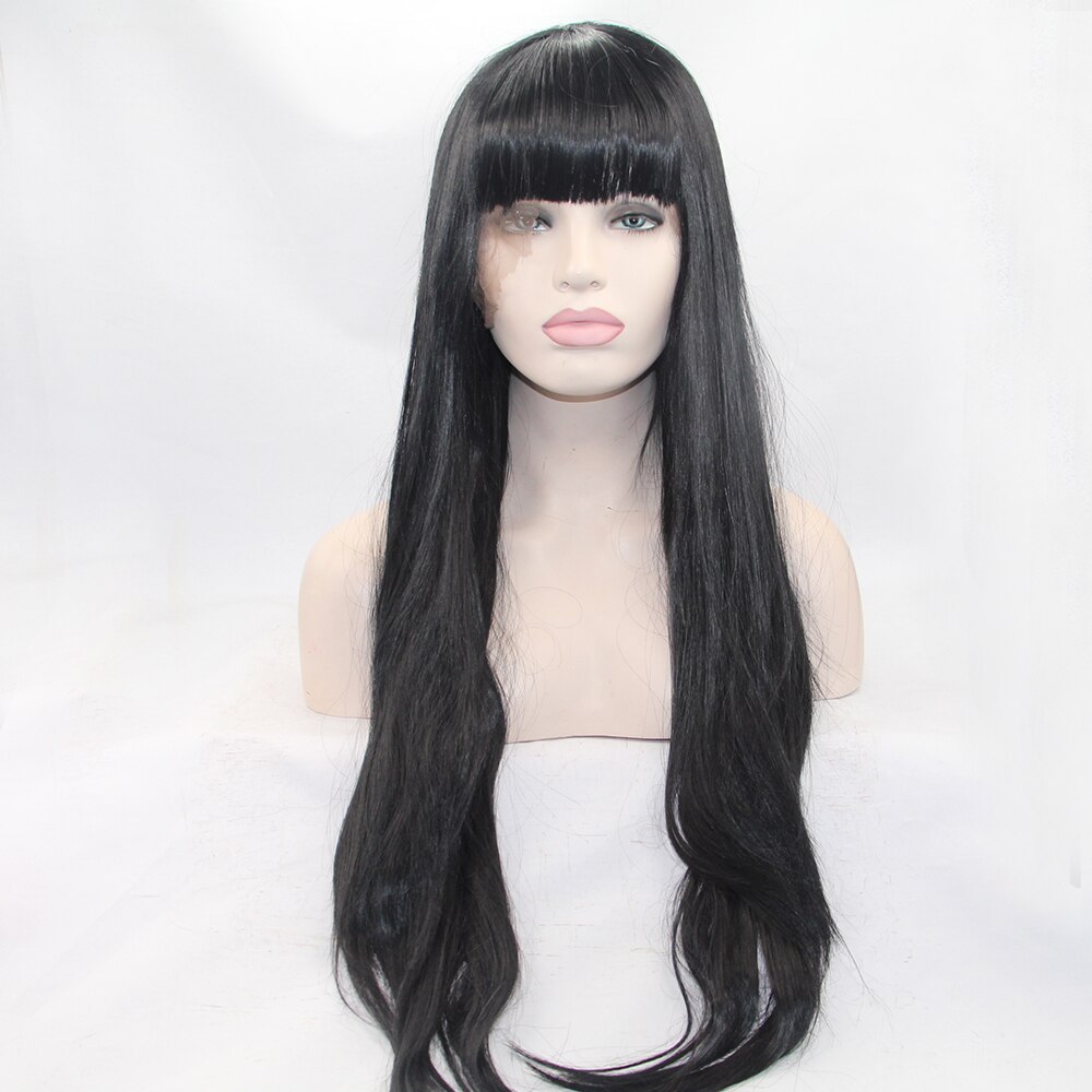 Fantasy Beauty Black Wig 24 Inches Full Fringe Long Straight Hair Wig For Women Heat Resistant Synthetic Wig With Bangs