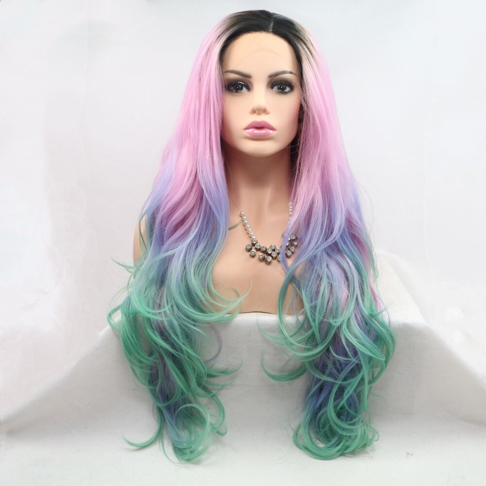 Ladiesstar Long Wavy Ombre Pink Purple Blue Synthetic Lace Front Wig Dark Root Colorful Lace Front Wig For Women