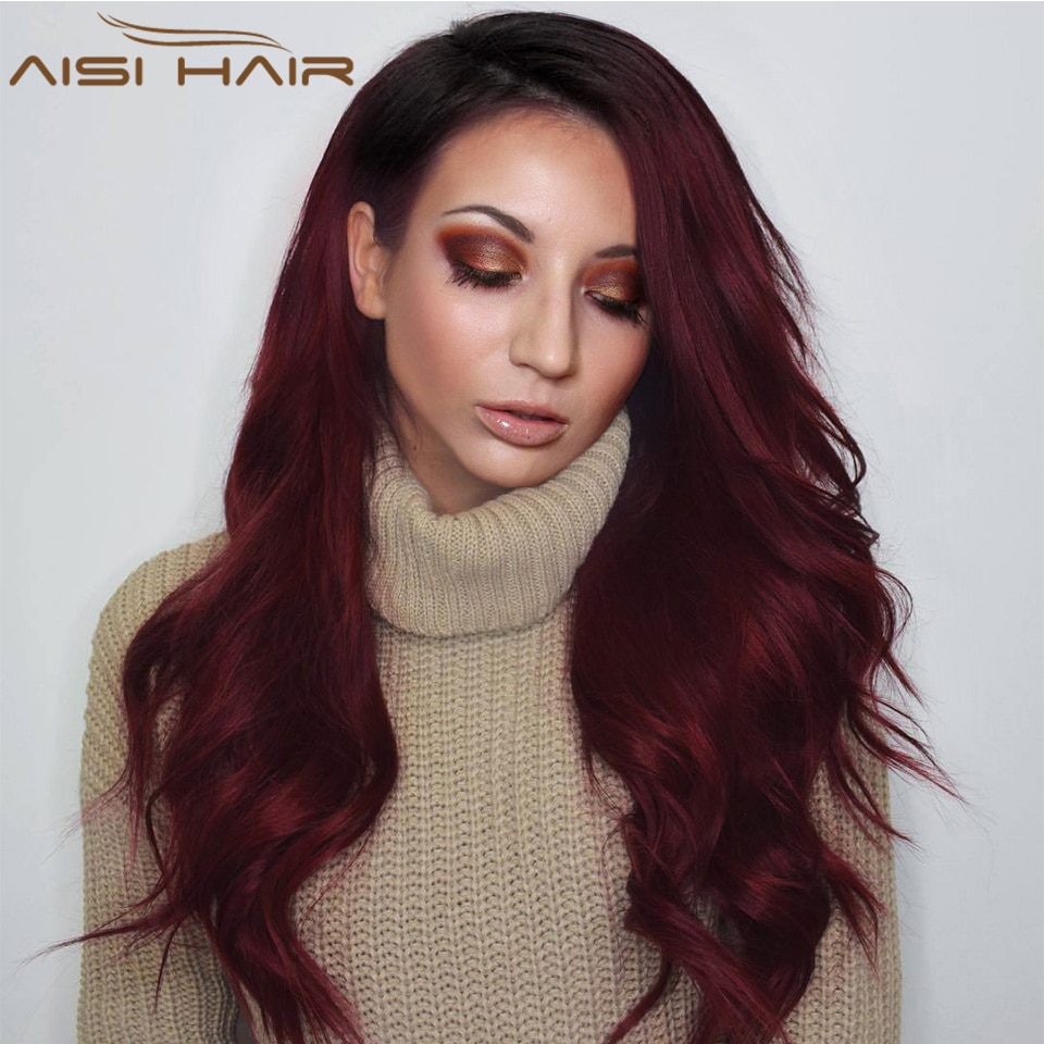 24 Inch Ombre Dark Red Long Wavy Wig Perucas Front Lace Hair For Black Women