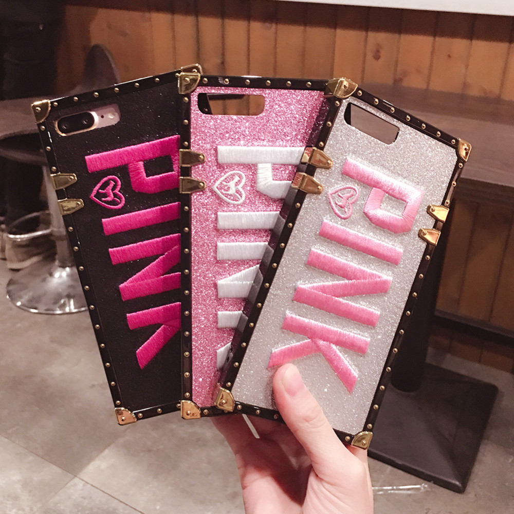 Buy 3d Pink Letter Iphone Case Embroidery Glitter Metal Square