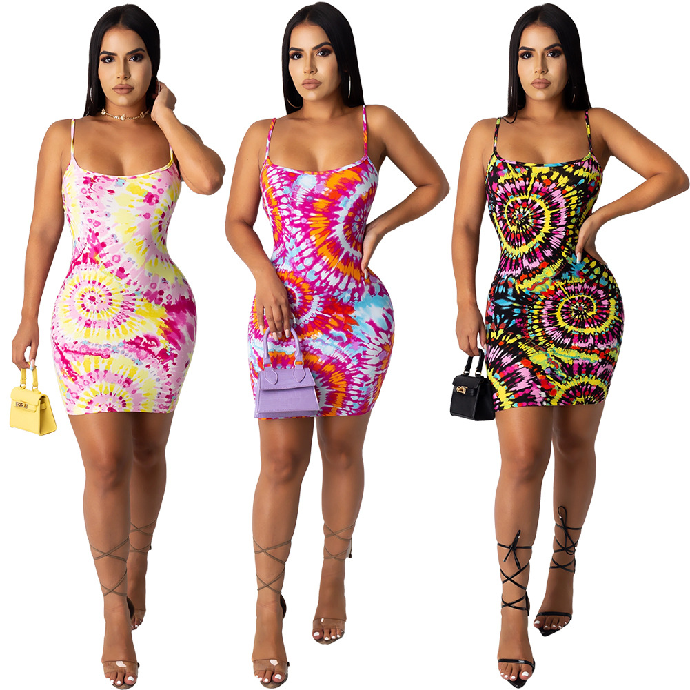 Amazon Hot Fashion Summer Women Clothes Tie-Dye Colorful Print Sling Slim  Sexy Casual Dress