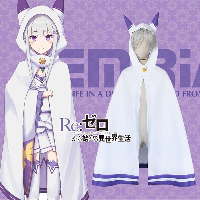 Anime Re Zero Kara Hajimeru Isekai Seikatsu Emilia Cosplay Cat Ears Cloak Cape