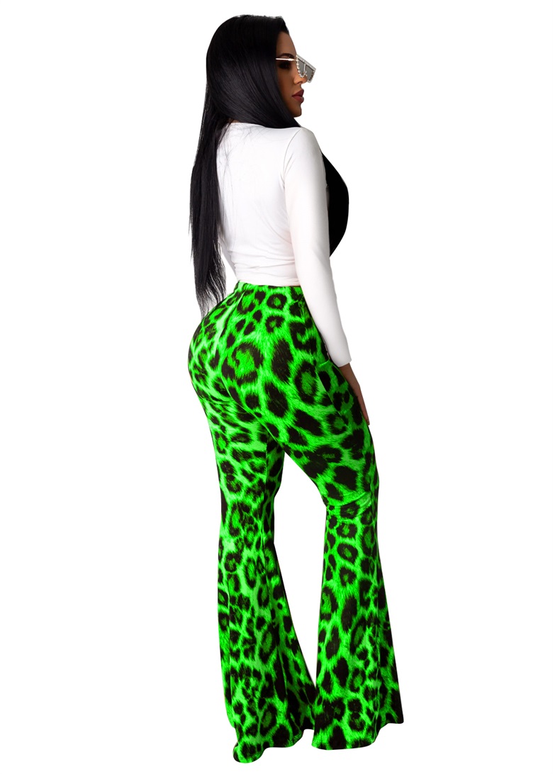 leopard flare pants green