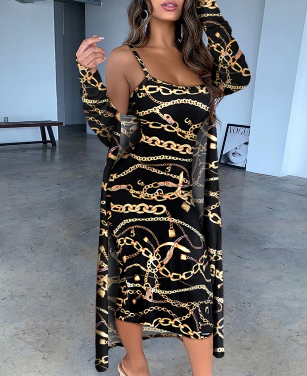 black dress with gold chain print
