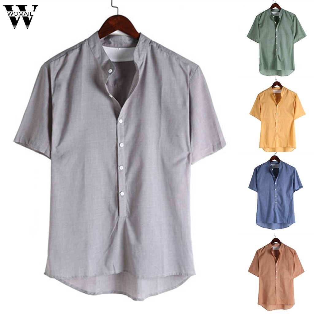 Shirt Men Summer Short-Sleeved Baggy Cotton Linen Solid Button Beach Shirts A17