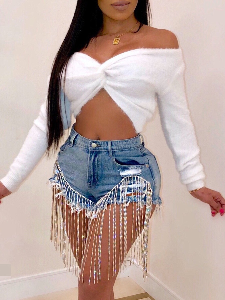 casual tassel design blue jeans