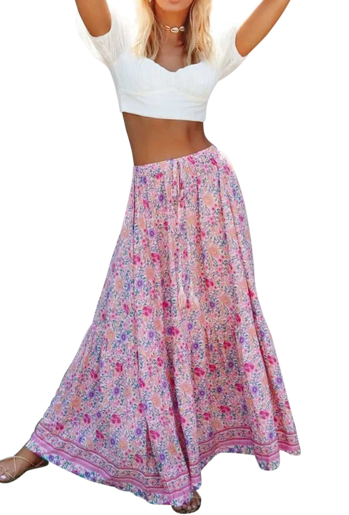 R.Vivimos Womens Floral Print Cotton Ruffled High Low Boho Midi Skirt