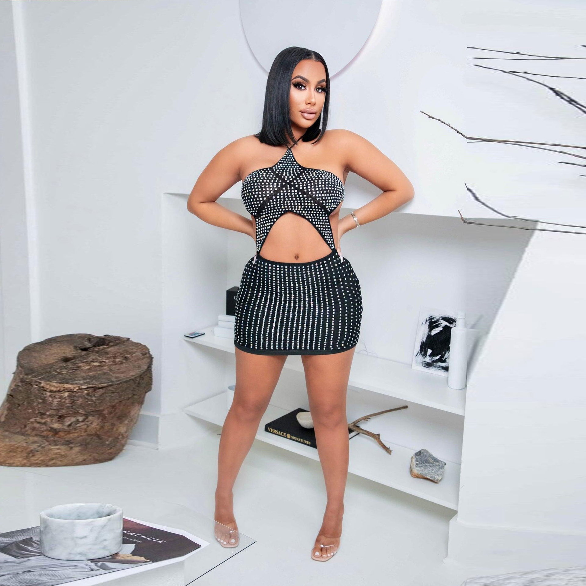 Dear Fashion Wholesale Sexy Hot Drilling Hollow Out Halter Night Club Dress NY 2505 DF