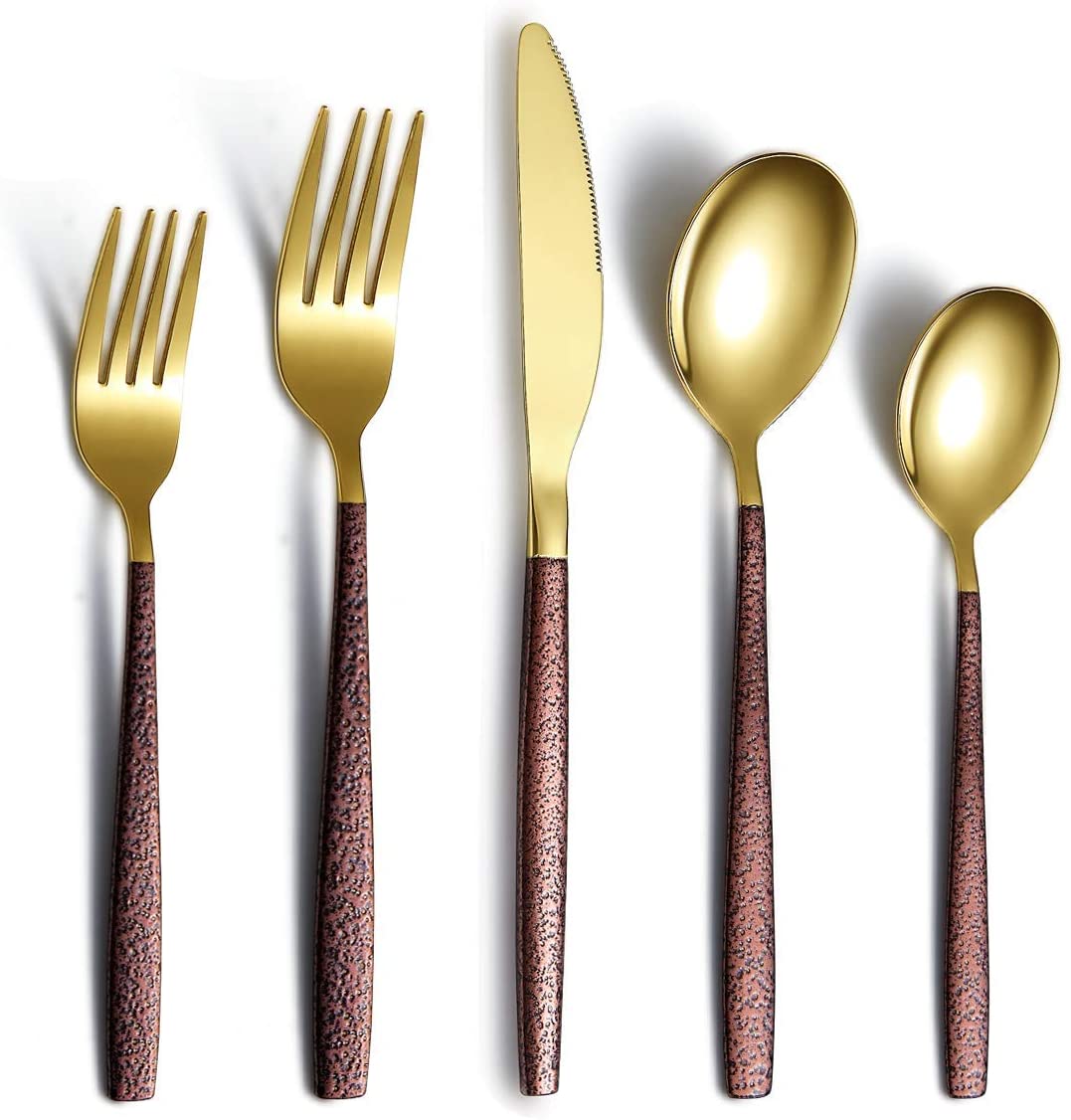 Berglander Silverware Serving Set 10 Pieces With Moon Surface Handle And Shiny Gold Head Titanium Plating Stainless Steel Modern Flatware Serving Set Serving Spoons Serving Utensils
