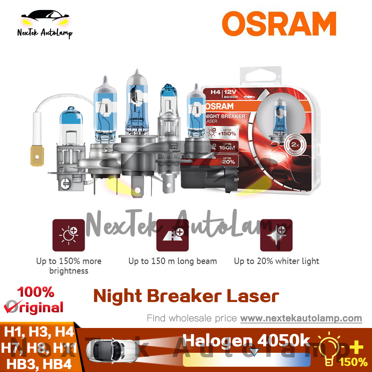 OSRAM H1 H3 H4 H7 H8 H11 9003 9005 9006 HB2 HB3 HB4 Halogen Night Breaker  Laser Next Generation 12V +150% Bright Car Lamps