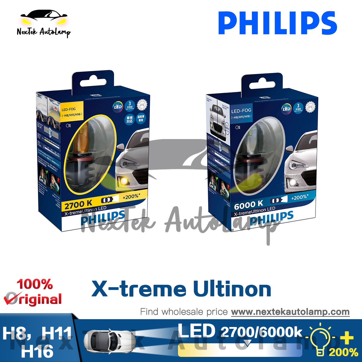 Philips LED H8 H11 H16 2700K Golden Yellow X-treme Ultinon LED All Weather  Light Fog Auto Lamp +200% Brighter 12793UNI X2, Pair