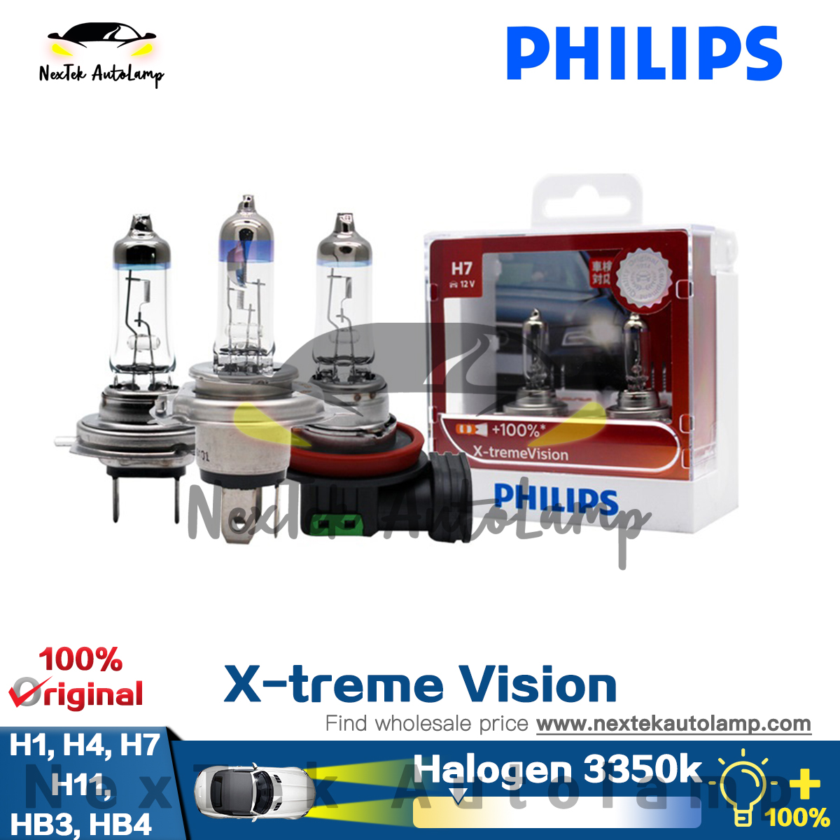 Philips X-treme Vision H1 H4 H7 H11 9003 9005 9006 HB3 HB4 Car Headlight  Bright Halogen Bulbs ECE Approve 100% More Vision 3350K Yellow Light, Pair