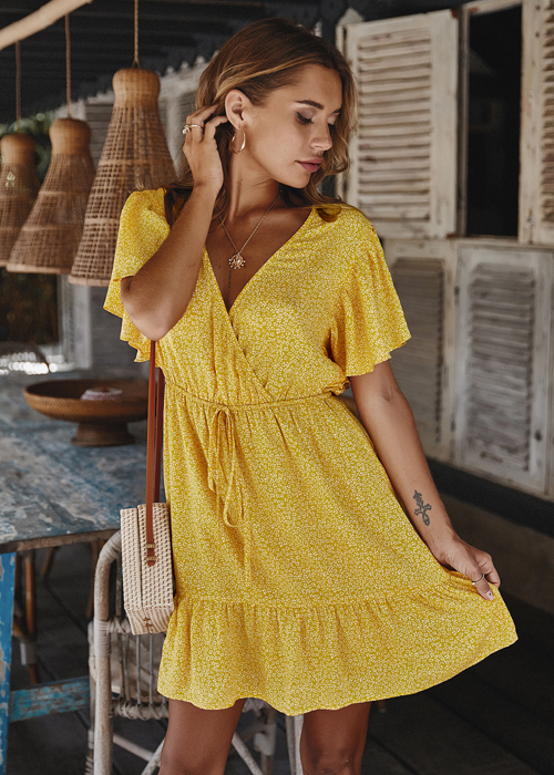 tiny floral ruffle mini wrap dress