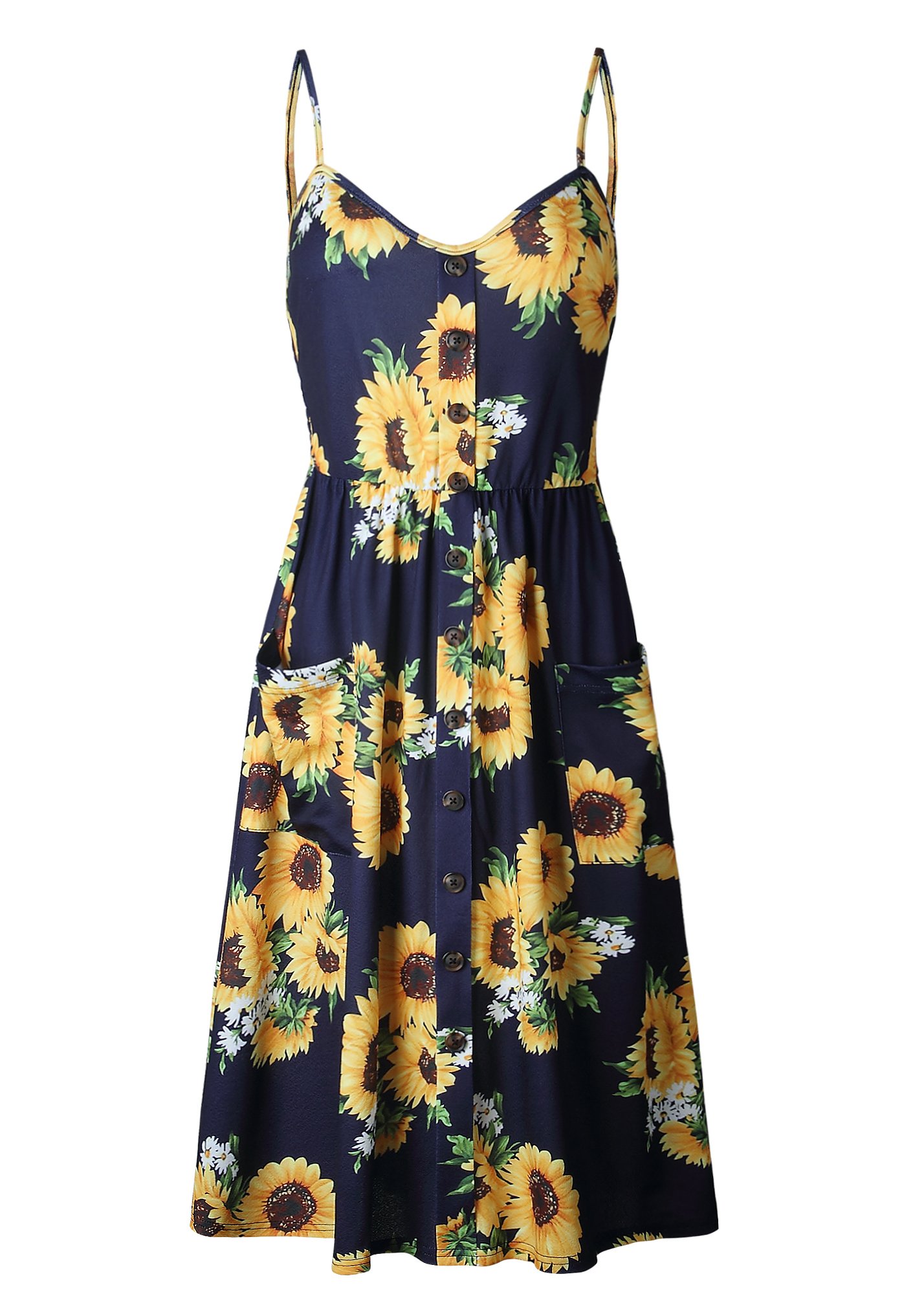 button sunflower print midi dress