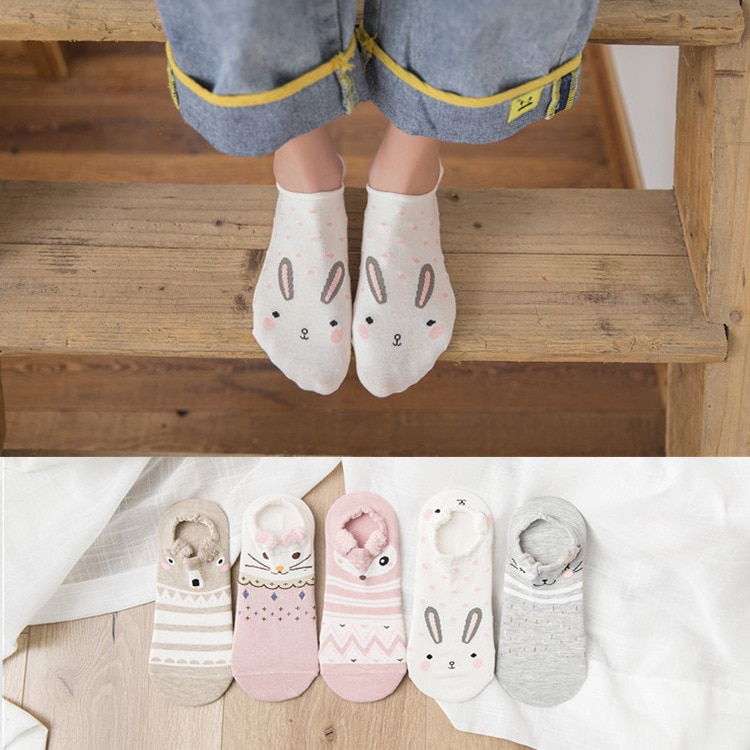 5 Pairs Lot Summer Casual Cute Women Socks Animal Cartoon Mouse Duck Socks Cotton Invisible Funny Socks Size 35 41dropshipping