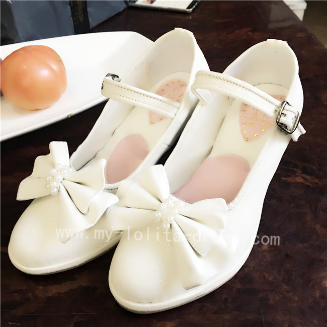 Elegant White Bow Pearls Lolita Heels 