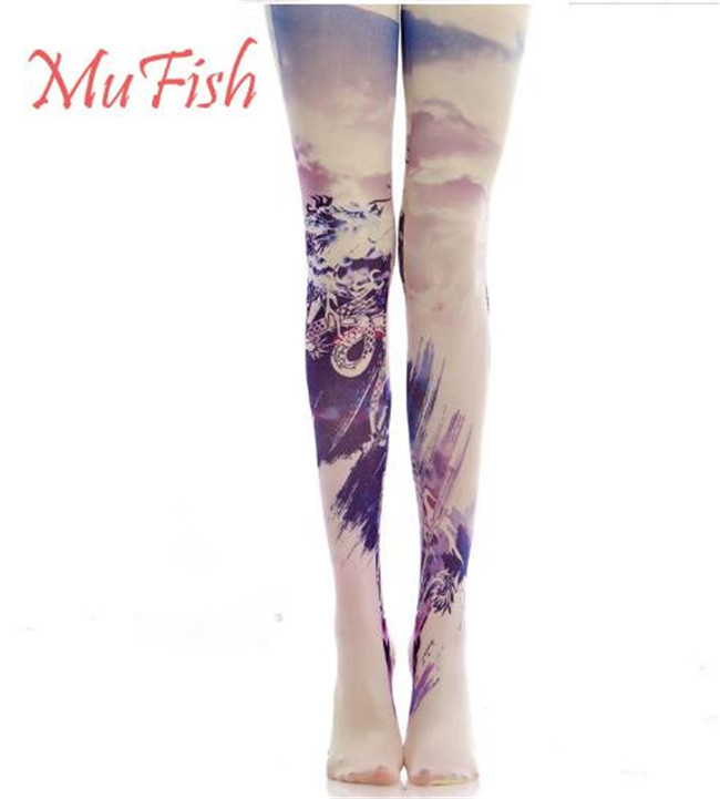 White Cloud Dragon~ 120D Velvet  Qi Lolita Printed Tights