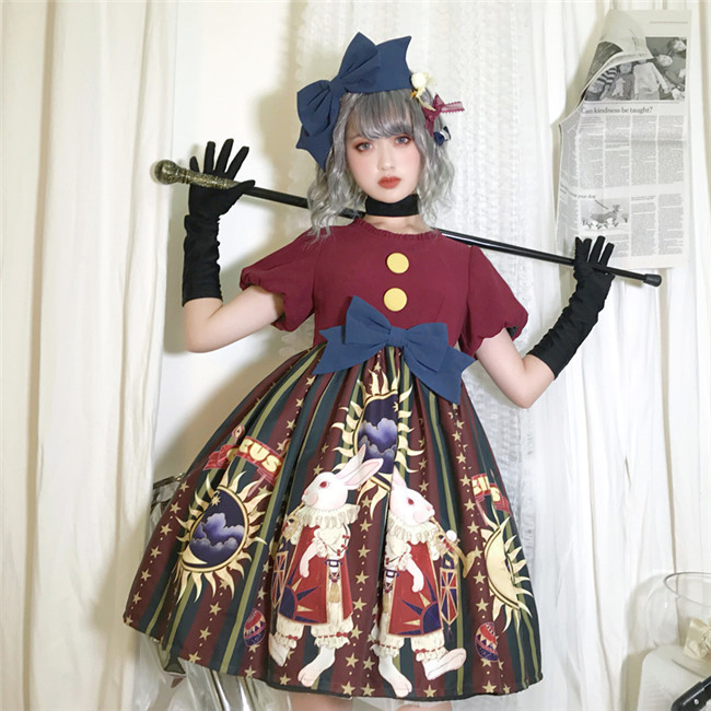Circus Rabbit Printed Lolita OP + Hairclip Wine SIze M - In Stock