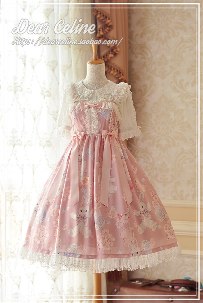 Dear Celine ~Sakura Rabbit~ Slight High Waist Lolita JSK Dailywear Version -Ready Made