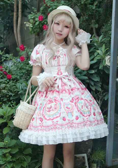 Strawberry Bunny~ Lolita Printed Short Sleeves OP Dress