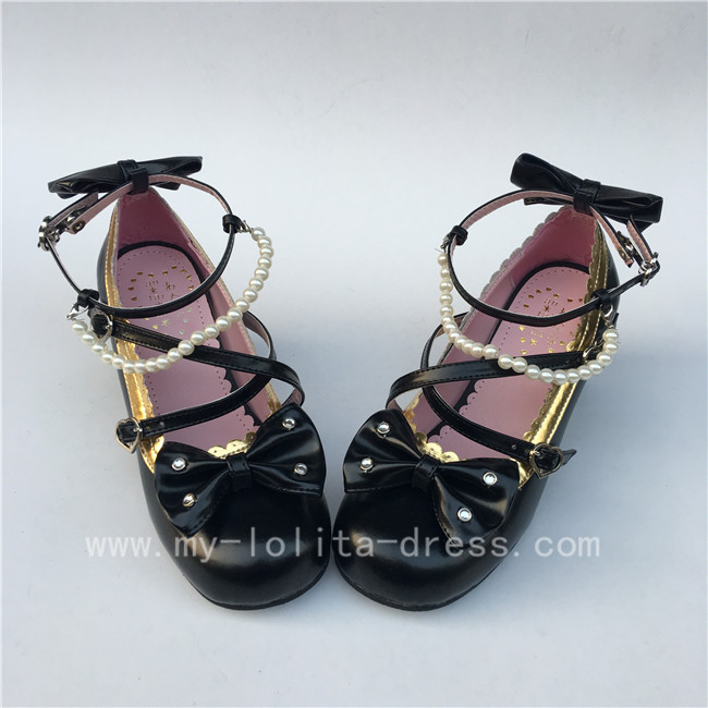 Sweet Black Beads Bows Lolita Shoes Flats Tea Party Heels