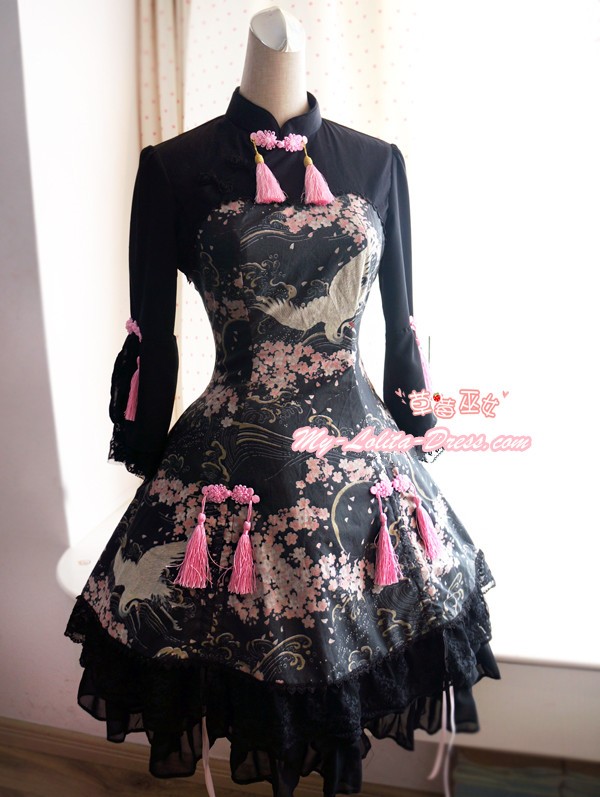 Strawberry Witch ***Sakura and Crane*** Printed Qi Lolita OP Dress