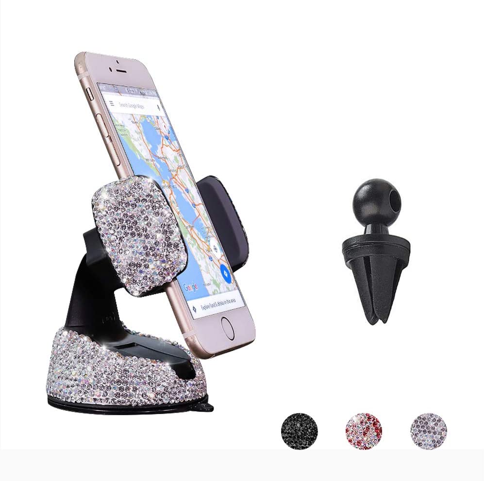 Bling Car Phone Holder White Car Air Vent Automatic Phone Mount PU Leather Adjustable Crystal Universal Rhinestone Auto Car Stand Phone Holder Cute Car Accessories 