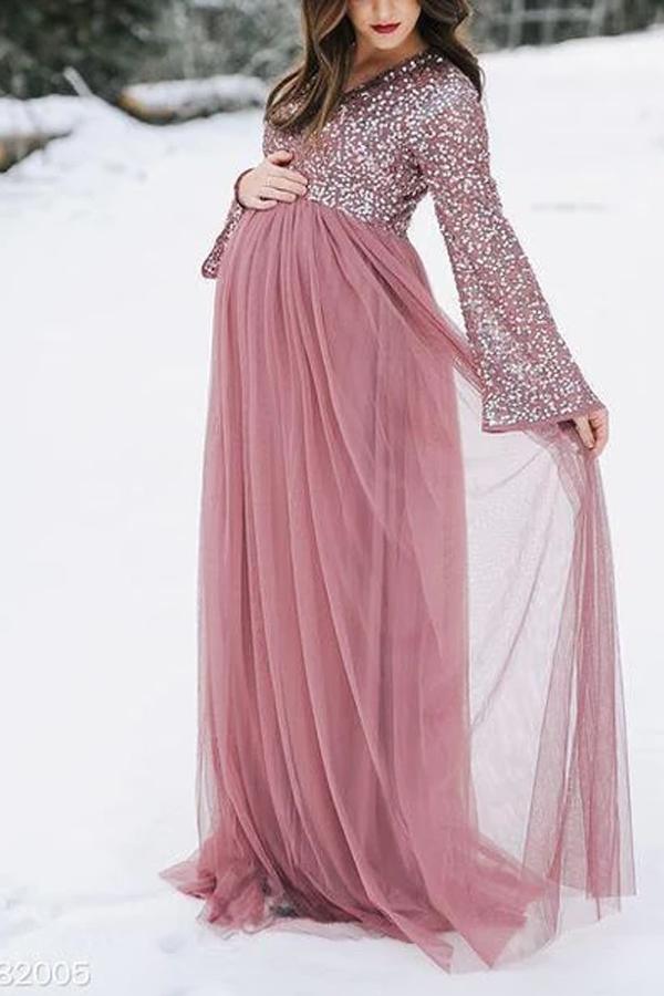 maternity v neck maxi tulle dress with tonal delicate sequins