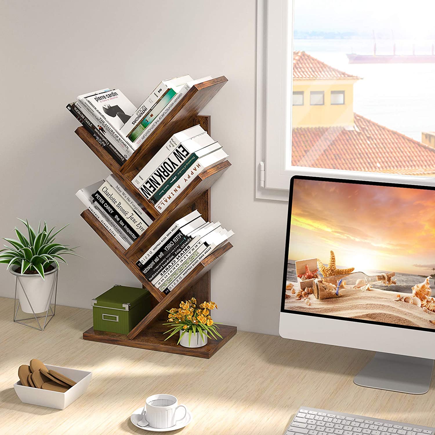 Home Office Umi  Brand 4 Tier Tree Desktop Bookshelf,Multi-Tier Floor Free Standing Wood Display Storage Bookcase,Magazine Rack for Living Room