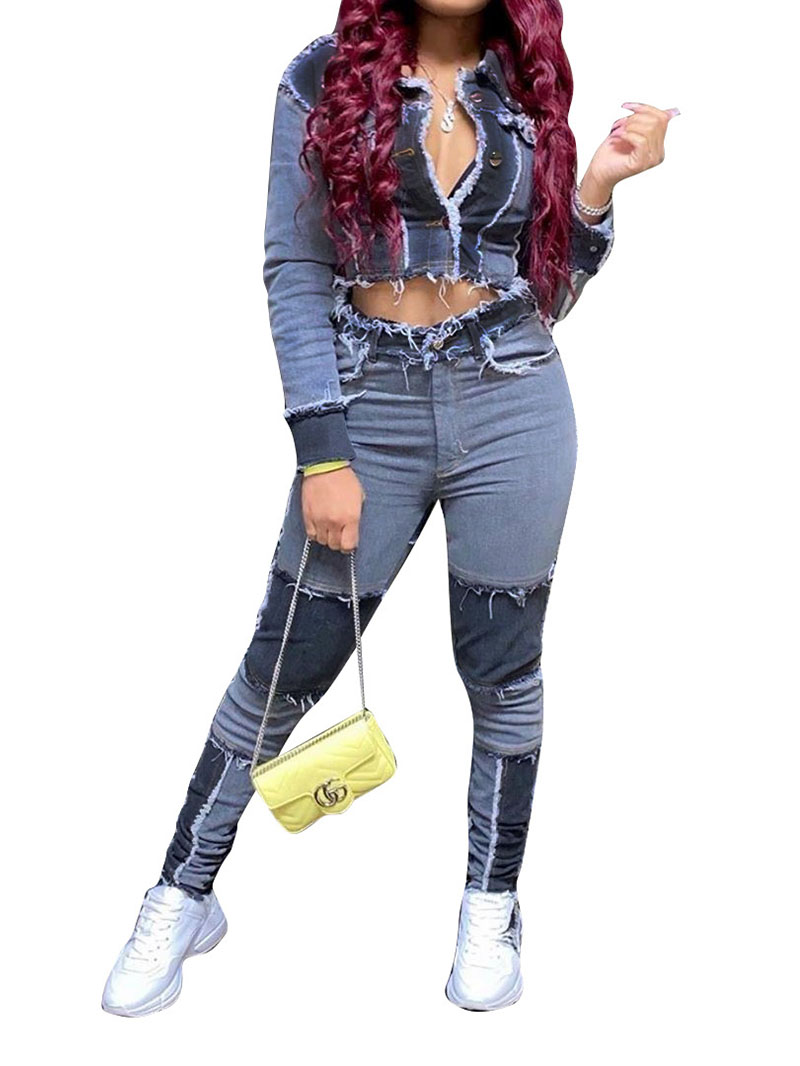 Women S Retro Stitching Washed Denim Suit