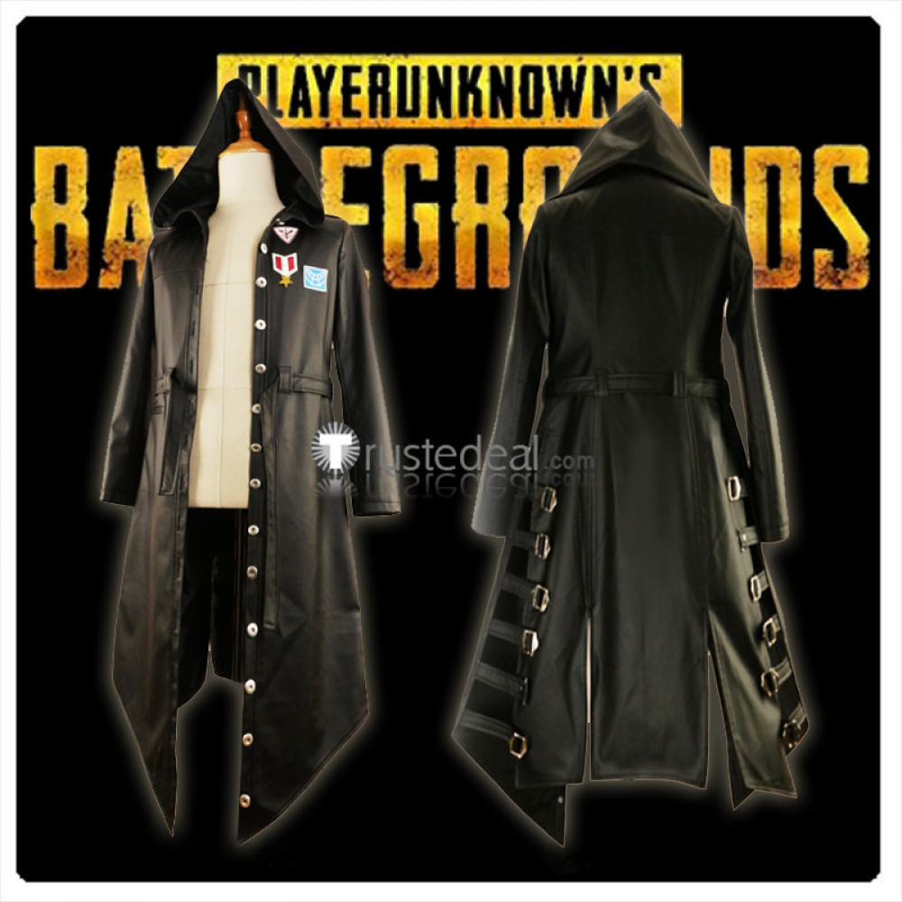 PUBG PlayerUnknown's BattlegroundsTrench Coat Black Pleather Hooded Jacket  Cosplay costume