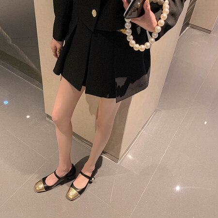 金色拼接山茶花小香风单鞋