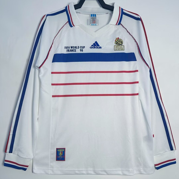 1998 France Away Long Sleeve Retro Soccer Jersey (长袖)(右胸带小字)