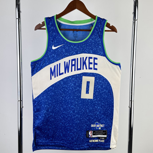 23/24 BUCKS LILLARD #0 Blue City Edition Top Quality Hot Pressing NBA Jersey(V领)