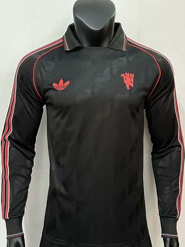 Man Utd Black Leisure  Long Sleeve Retro Soccer Jersey(长袖）