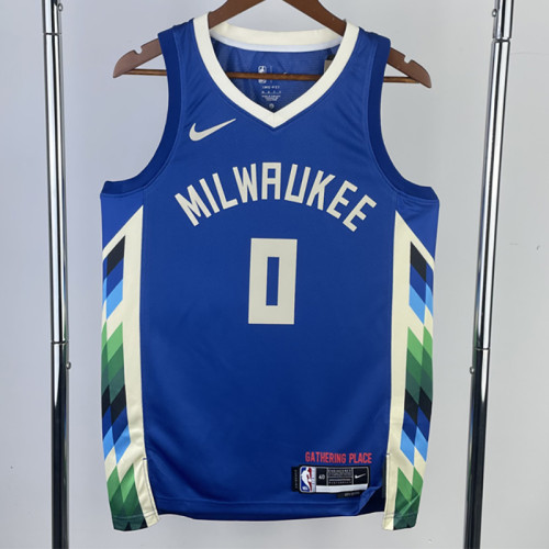 22/23 BUCKS LILLARD #0 Blue City Edition Top Quality Hot Pressing NBA Jersey(V领)