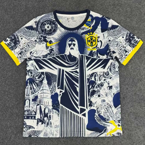 2025 Brazil Christ statue White Blue Fans Soccer Jersey