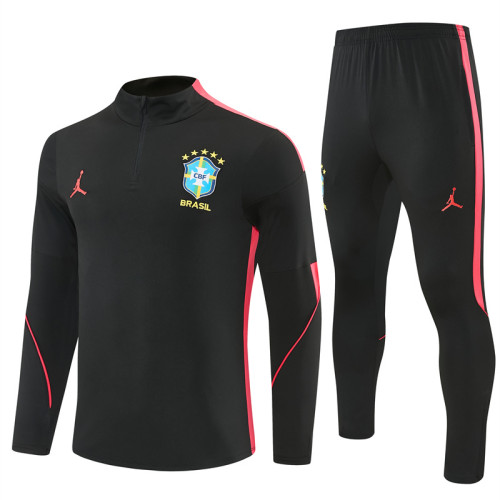 2026/27 Brazil Jordan  Brand Collaboration  Edition  Black Red  Adult long-sleeved, Half Pull , training suit set