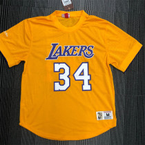 Los Angeles Lakers Mitchellness 湖人队 黄色 34号 奥尼尔 复古网眼短袖