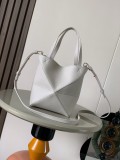 New Glossy Calfskin Mini Puzzle Fold Bag (20cm x 16.5cm x 9cm) – Light Ethereal Grey (Litchi Grain)