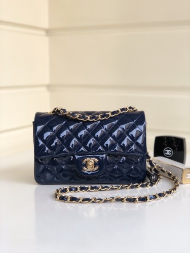 AS1116 Chanel Mini Classics Flap bag patent leather dark blue with gold hardware 20x12x6cm