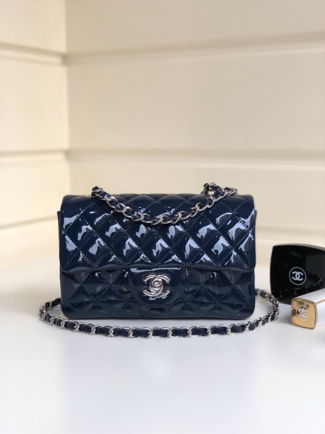 AS1116 Chanel Mini Classics Flap bag patent leather dark blue with silver hardware 20x12x6cm