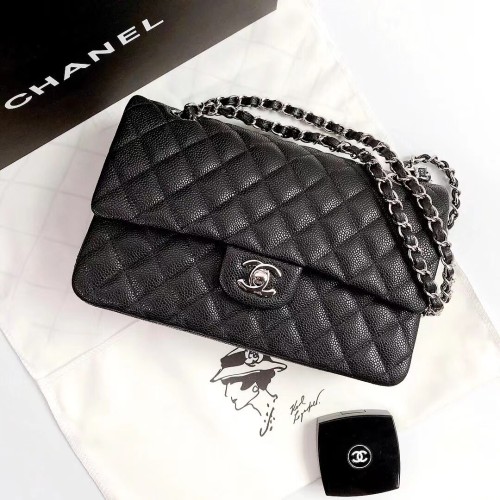 AS1112 Chanel Flap Bag Pearlescent BLACK 25.5x15.5x6cm