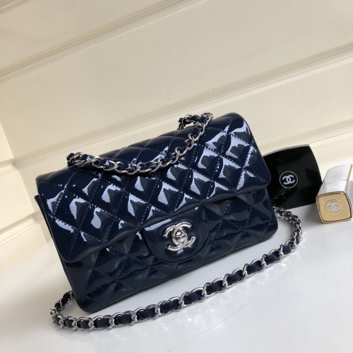 AS1116 Chanel Mini Classics Flap bag patent leather dark blue with silver hardware 20x12x6cm