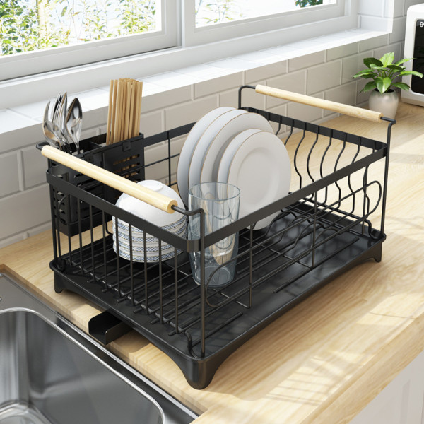 Rust-Proof Kitchen Draining Dish Drying Rack, Dish Rack With Black Drain Board