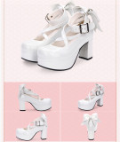 Angelic imprint - Classic High Chunky Heel Platform Round Toe Lolita Shoes with Bow and Cross Strap