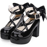 Angelic imprint - Classic High Chunky Heel Platform Round Toe Lolita Shoes with Bow and Cross Strap