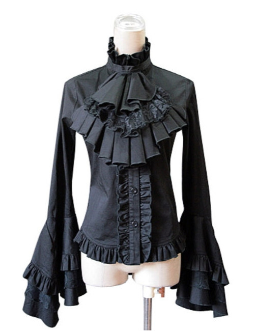 Cotton Long Flare Sleeve Gothic Lolita Blouse with Removable Neck Tie