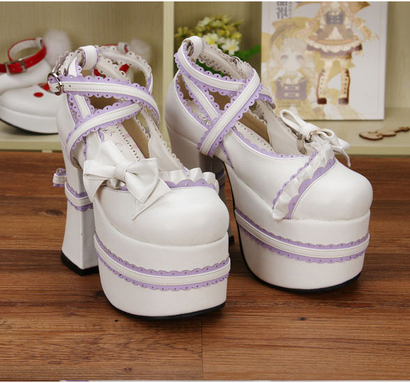 Angelic Imprint - High Chunky Sky Heel Round Toe Buckle Sweet Lolita Platform Shoes with Bow