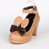 Angelic Imprint - Brown High Chunky Heel Round Toe Buckle Sweet Lolita Shoes with Bow and Rabbit Ears